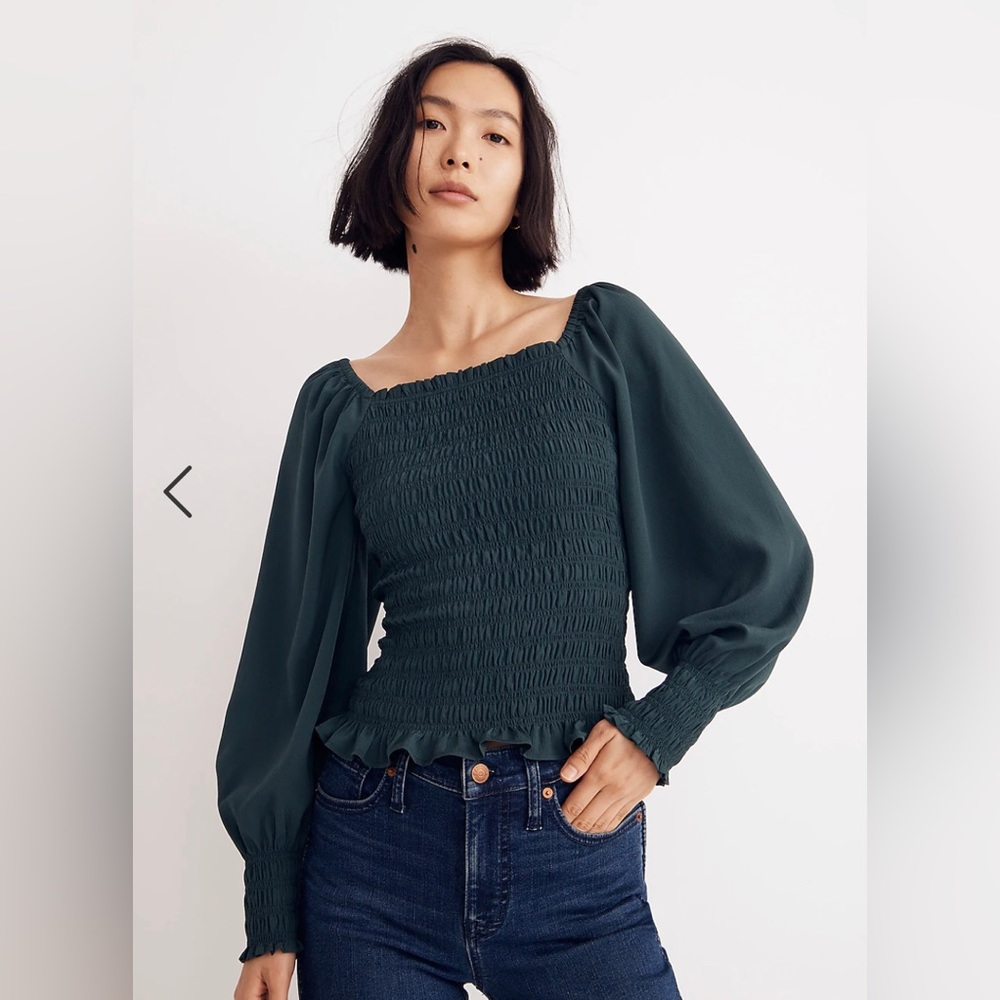 Madewell Lucie Bubble-Sleeved Smocked Top: Off-Shoulder, Green